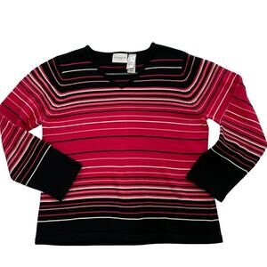 Liz Claiborne Cotton Long Sleeve V-Neck Black, Red, Stripe Sweater, Textured, XL